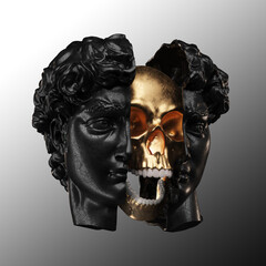 Abstract anatomic concept illustration from 3D rendering of a black metal classical head sliced open in two showing a gilded skull inside and isolated on gradient background.