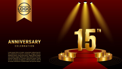 15th Anniversary. Template design with golden stage for celebration event, wedding, greeting card and invitation card. Vector illustration EPS10