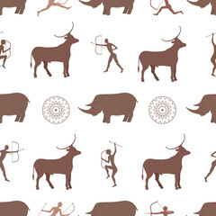 vector graphic seamless pattern with wild ancient hunting