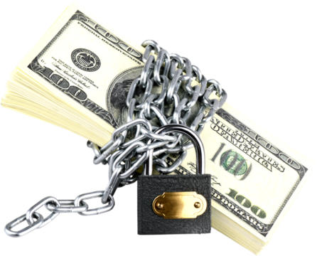 Stack of hundred dollar bills wrapped with a lock and chain