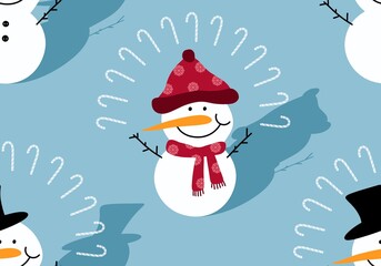 Winter seamless snowman and snowflakes pattern for Christmas wrapping paper and kids notebooks