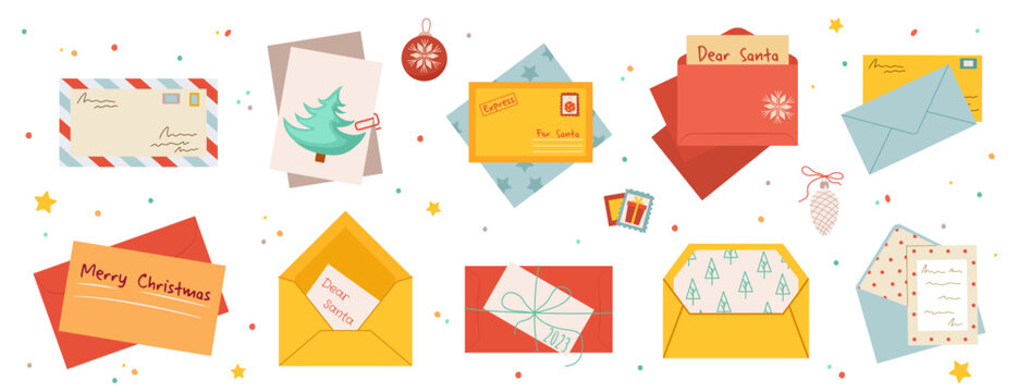 Set of New Year's greeting envelopes and letters on an isolated white background. Collection of colorful holiday vector illustrations. Merry Christmas calligraphy. Kraft paper envelopes.
