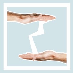 Two hands palms protect white object.