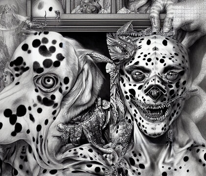Dalmatians horror clown and octopus Cthulhu monster dog matte paint drawing