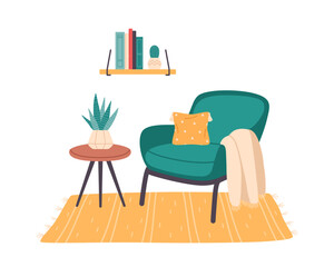 Cute interior with modern furniture and houseplants. Living room interior design with armchair, table,  carpet, shelf with books. Cozy modern comfortable furniture in hygge style. Vector illustration