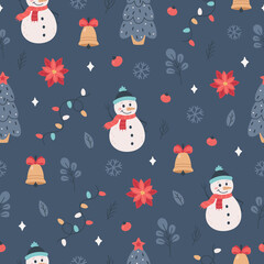 Christmas seamless pattern with snowman, Christmas tree, garland, mistletoe. Merry Christmas. Hand drawn vector illustration