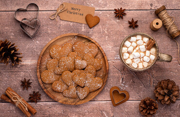 Food photography of gingerbread, cookies, biscuits, icing sugar, cooking, preparation, cinnamon, anise, background, christmas