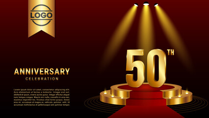 50th Anniversary. Template design with golden stage for celebration event, wedding, greeting card and invitation card. Vector illustration EPS10