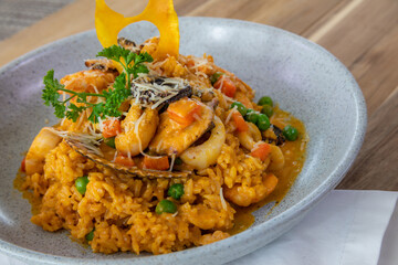 Typical peruvian food and drinks, seafood rice