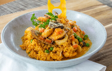 Typical peruvian food and drinks, seafood rice
