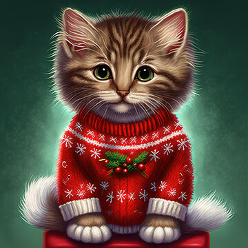 christmas cat, christmas pullover cat, kitten in pullover, kitten in christmas pullover, santa kitty,generative ai