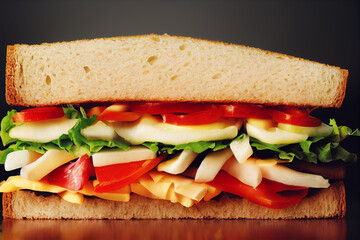 Sandwich with salad lettuce, bell peppers, cheese. Close up