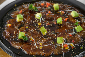 Typical peruvian food and drinks, nikkei tiradito