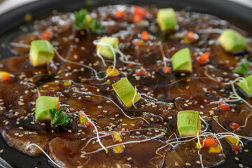 Typical peruvian food and drinks, nikkei tiradito