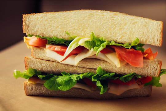 Fresh bread sandwich with , ham, tomatoes, salad lettuce