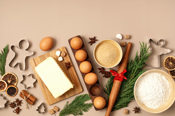 Christmas cookie baking background. Festive cooking, xmas homemade biscuits, recipes for holidays concept