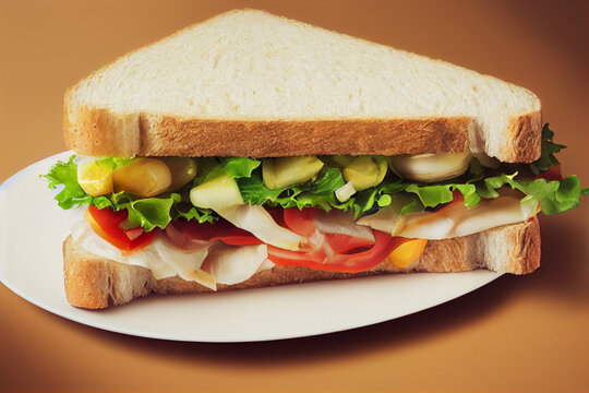 A large sandwich with , tomatoes, salad lettuce. Close-up