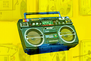 vintage cassette tape recorder on yellow background
