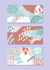 Set of horizontal backgrounds with stains, textures and geometric shapes. Bright colors. Hand drawn vector pattern.