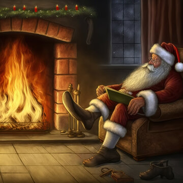 Father Christmas Warming His Feet By The Open Fire After A Night Out Delivering Presents