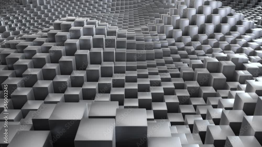 Poster evolving 3d dynamic landscape made of grey metal cubes, 4k animation of random motion wave mosaic of