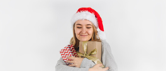 Christmas banner with girl holding gift boxes on white background.