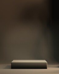Minimal dark cylinder pedestal or podium for product showcase.  Blank mockup background. Empty stage. 3d render illustration. Leaf shadow