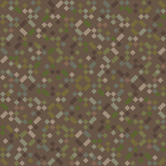 Seamless camouflage pattern. Vector camo texture. Abstract military background with green, khaki, brown squares. Forest pixel background. Repeat design for fabric, textile, hunting, soldier uniform
