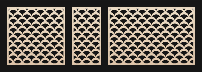 Laser cut panel. Vector template, abstract geometric pattern in Art deco style. Elegant grid, mesh, peacock ornament. Decorative stencil for laser cutting of wood, metal. Aspect ratio 1:1, 1:2, 3:2