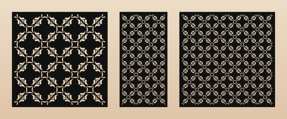 Decorative panels for laser cutting. Cutout silhouette with abstract floral geometric pattern, grid. Elegant Islamic style design. Laser cut stencil for wood, metal, plastic. Aspect ratio 1:1, 1:2