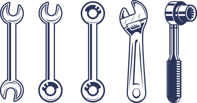 Drawing vector Mechanic Wrenches collection. Working key tools illustration. Open box ended combination adjustable socket cartoon