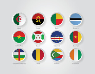 3D embossed and circular design flag icons for African countries. Vector illustration.