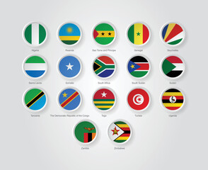 3D embossed and circular design flag icons for African countries. Vector illustration.