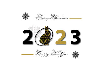 Happy New Year 2023. Card with rabbit and snowflakes