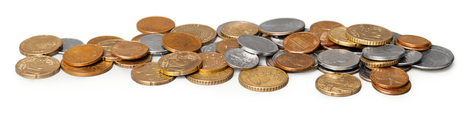Golden coins on a white background