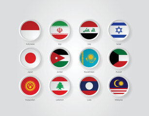 3D embossed and circular design flag icons for Asian countries. Vector illustration.