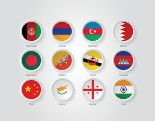 3D embossed and circular design flag icons for Asian countries. Vector illustration.