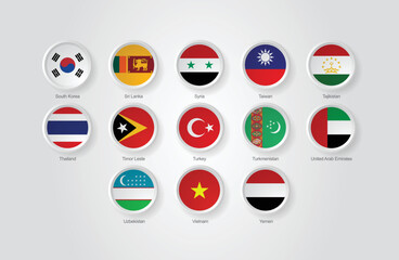 3D embossed and circular design flag icons for Asian countries. Vector illustration.