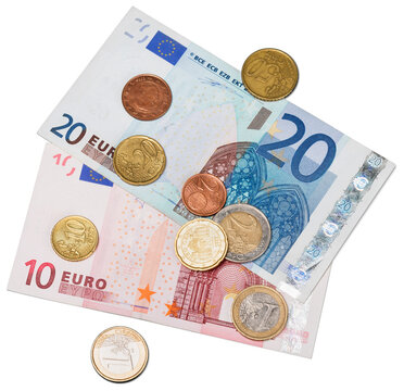 Euro banknotes and coins  on white background