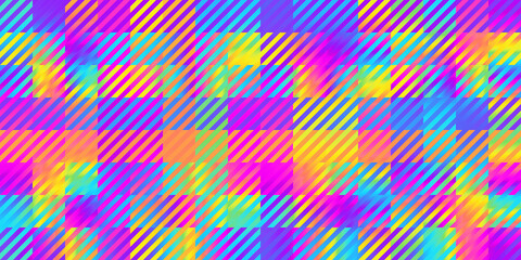 Seamless psychedelic rainbow heatmap gradient gingham checker square mosaic pattern background texture. Trippy hippy abstract dopamine fashion motif. Bright colorful neon retro wallpaper backdrop.. - obrazy, fototapety, plakaty