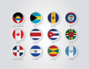 3D embossed and circular design flag icons for North American countries. Vector illustration.