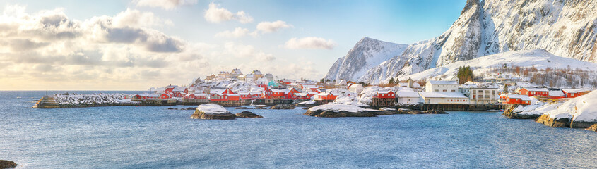 Fabulous winter scenery of A village. Norwegian fishing village, with the typical rorbu houses .