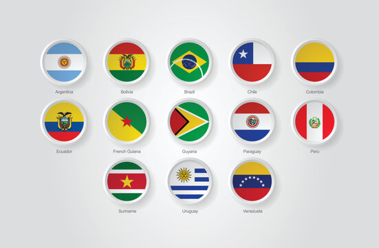 3D embossed and circular design flag icons for South American countries. Vector illustration.