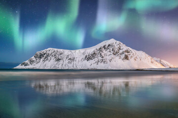 Fabulous winter scenery on Skagsanden beach at night with Northern lights.