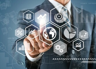 Young businessman hold abstract info-graphic chart.