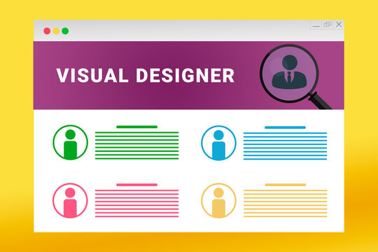 Visual Designer logo in header of site. Visual Designer text on job search site. Online with Visual Designer resume. Jobs in browser window. Internet job search concept. Employee recruiting metaphor - Powered by Adobe