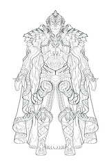 knight in armor, paladin, computer game character black and white vector illustration. Warrior, coloring book, doodle