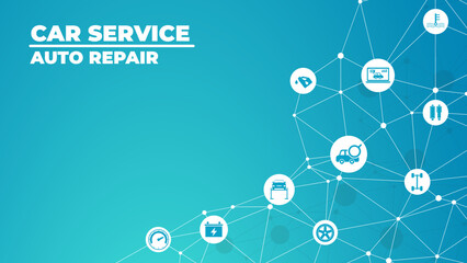 Car and auto repair vector illustration. Concept with icons related to car service and inspection, motor check, oil change, automotive maintenance, vehicle or automobile repair shop.