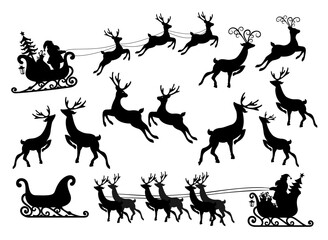 Santa Claus in sleigh, reindeers isolated on white.