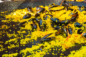 Mediterranean dish - risotto with seafood in a plate, close-up - rice, mussels, shrimps and squids in a creamy sauce with lemon